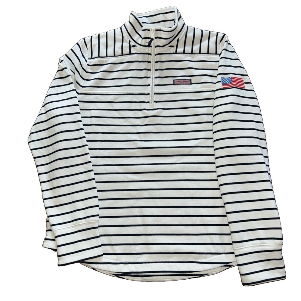 Vineyard Vines White Stripe 1/4 Zip Pullover Women's Size L Flag Patch